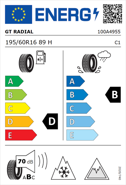 Tyre Label for GT Radial WinterPro 2 evo 195/60R16 89H